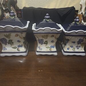 Elegant Blue and White Ceramic Canister Set with Grape Design